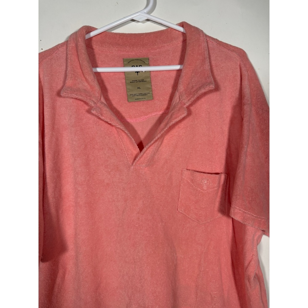 OAS Mens Terry Cloth Polo Shirt XL Coral Pink Short Sleeve Beach Swim Top